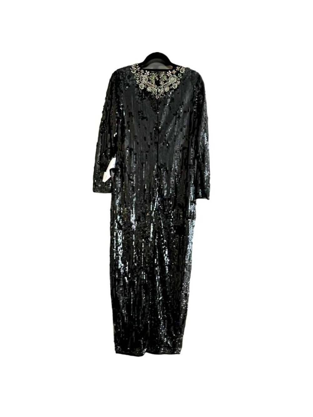 Mac Duggal Size 10 Emerald Rhinestone Necklace Black Sequin LS Maxi Gown Dress N - Picture 8 of 13